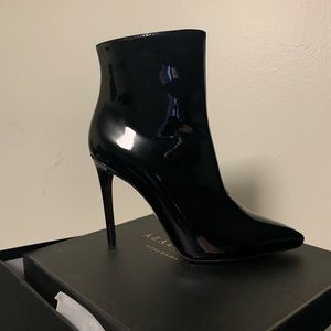 Sleek Patent Leather Pointed Toe Booties | Akira
